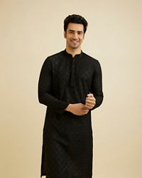 Manyavar Men Ebony Black Ogee Jaal Patterned Kurta Set with Chikankari Embroidery