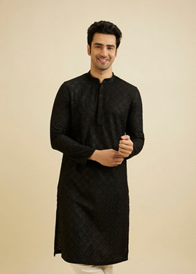 Manyavar Men Ebony Black Ogee Jaal Patterned Kurta Set with Chikankari Embroidery image number 0