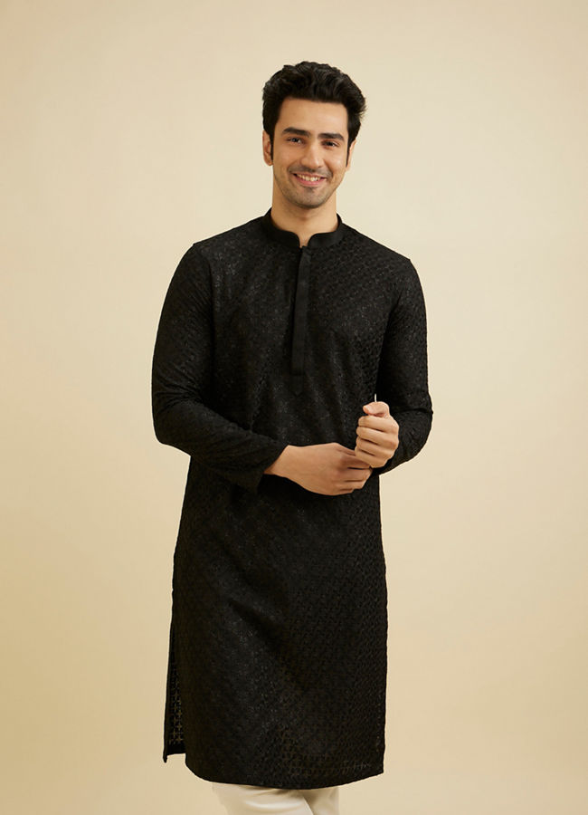 Manyavar Men Ebony Black Ogee Jaal Patterned Kurta Set with Chikankari Embroidery