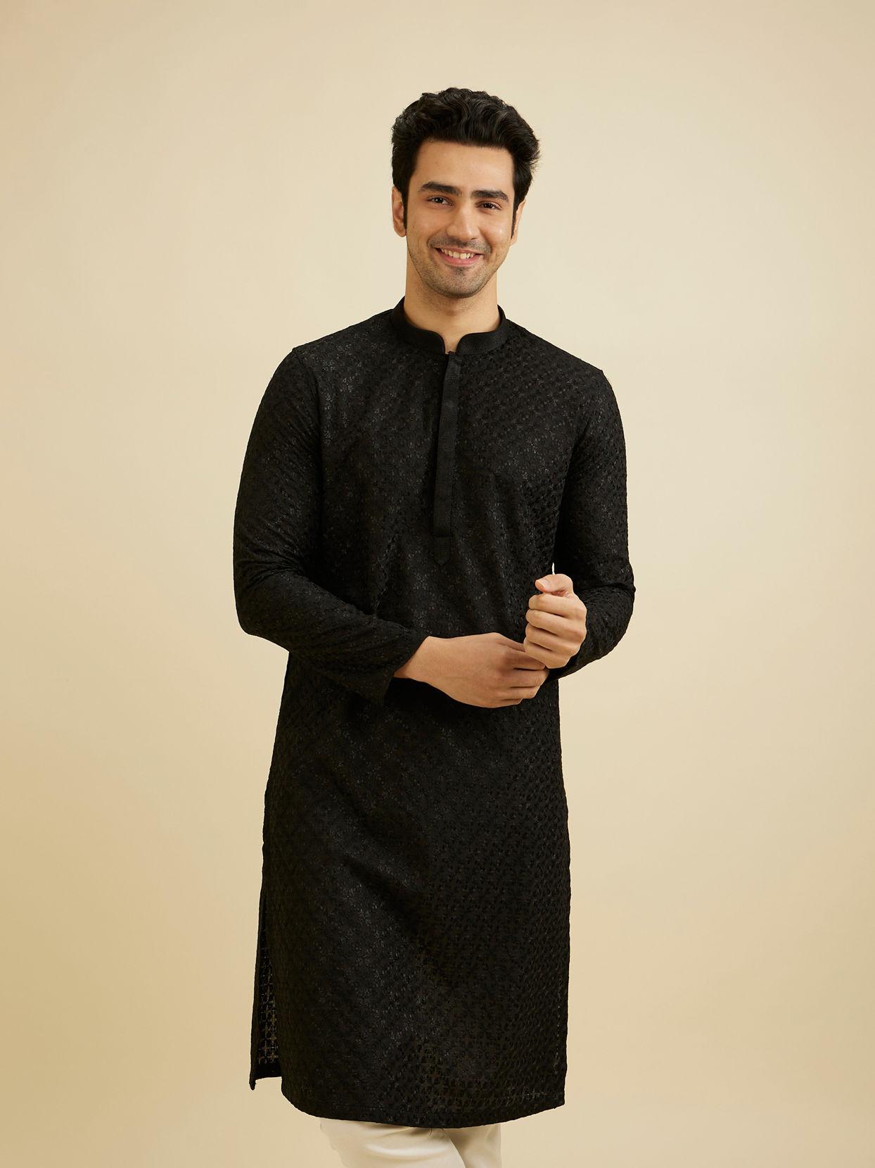 Manyavar Men Ebony Black Ogee Jaal Patterned Kurta Set with Chikankari Embroidery