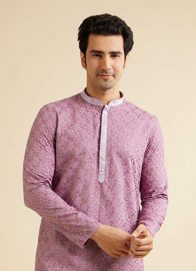 Manyavar Men Lilac Ogee Jaal Patterned Kurta Set with Chikankari Embroidery