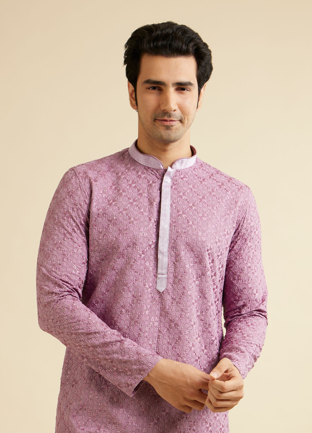 Manyavar Men Lilac Ogee Jaal Patterned Kurta Set with Chikankari Embroidery