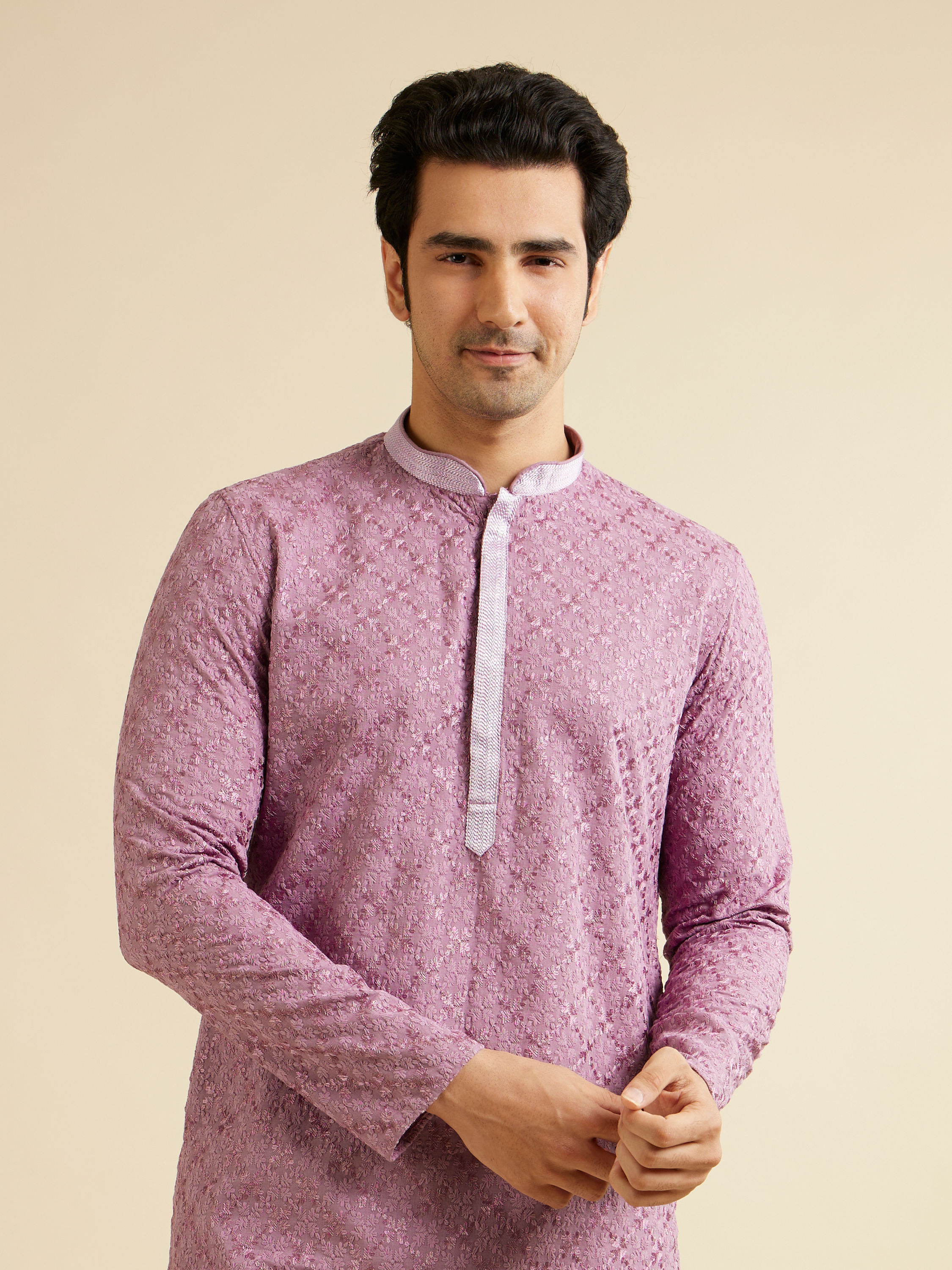 Manyavar Men Lilac Ogee Jaal Patterned Kurta Set with Chikankari Embroidery