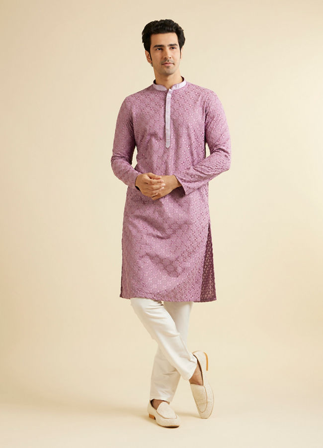 Manyavar Men Lilac Ogee Jaal Patterned Kurta Set with Chikankari Embroidery