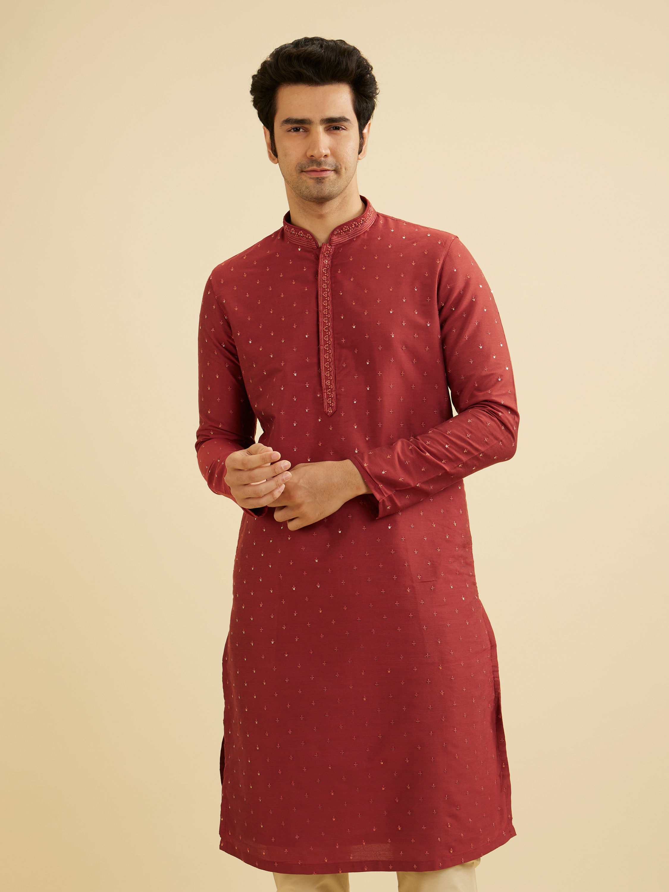 Manyavar Men Rust Red Embroidered Kurta Set With Sequin Work