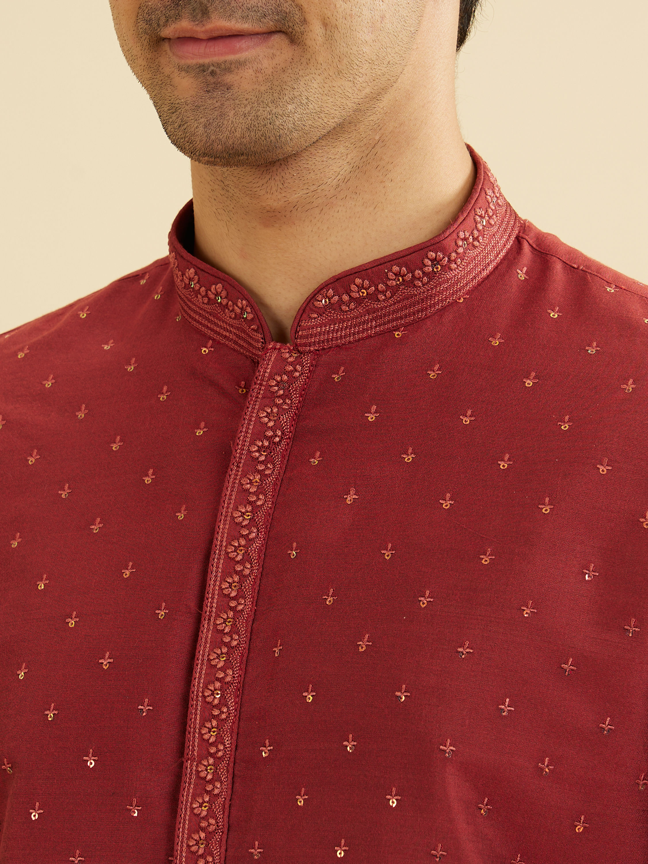 Manyavar Men Rust Red Embroidered Kurta Set With Sequin Work