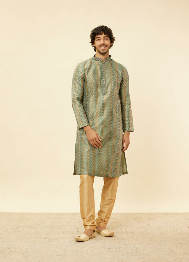 alt message - Manyavar Men Tropical Blue Diamond Patterned Kurta Set image number 2