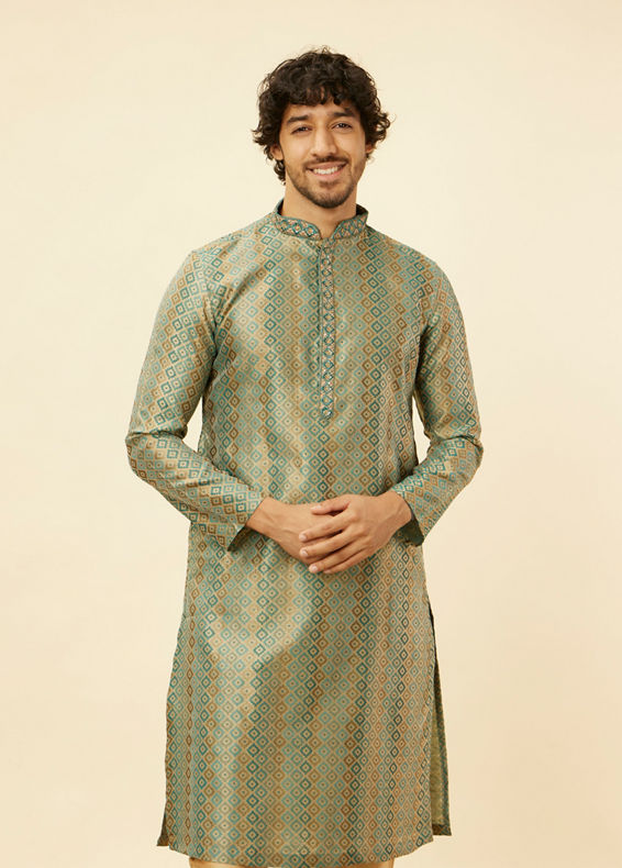 Manyavar Men Tropical Blue Diamond Patterned Kurta Set