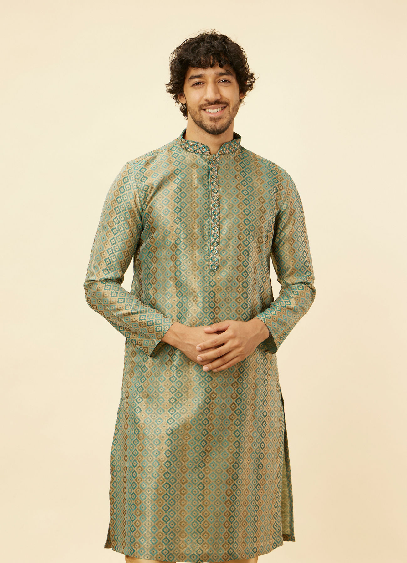 Manyavar Men Tropical Blue Diamond Patterned Kurta Set