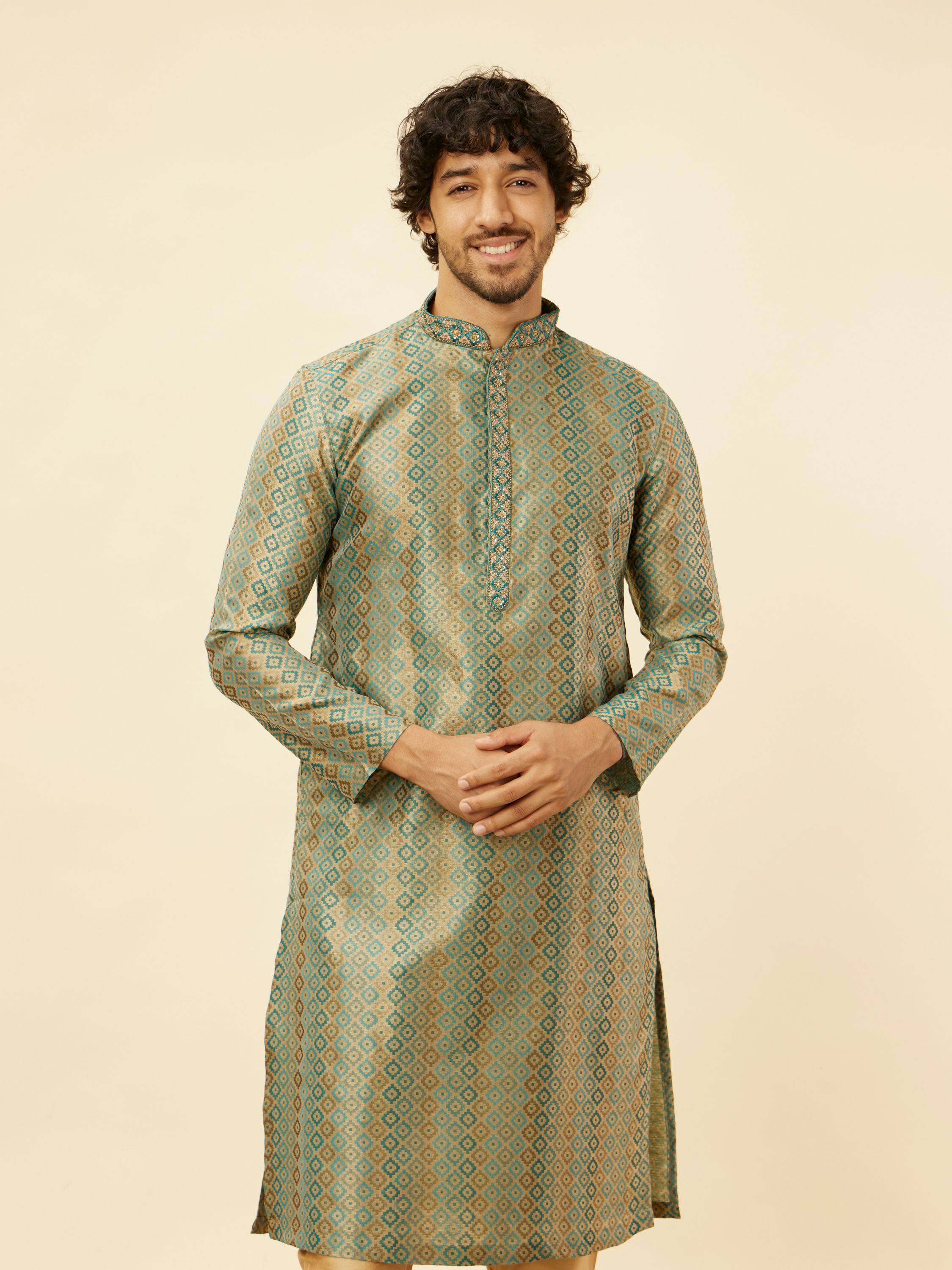 Manyavar Men Tropical Blue Diamond Patterned Kurta Set