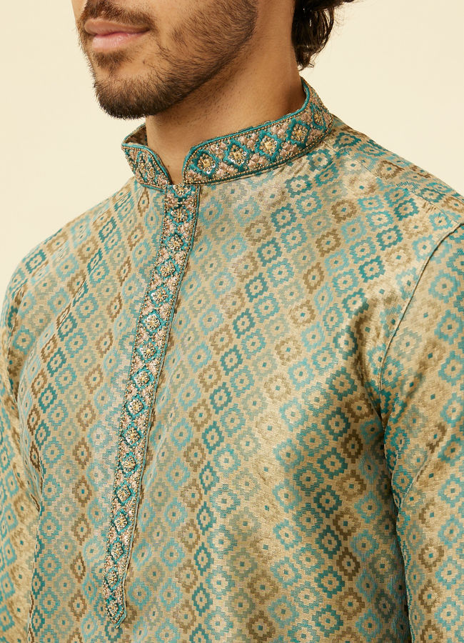 alt message - Manyavar Men Tropical Blue Diamond Patterned Kurta Set image number 1