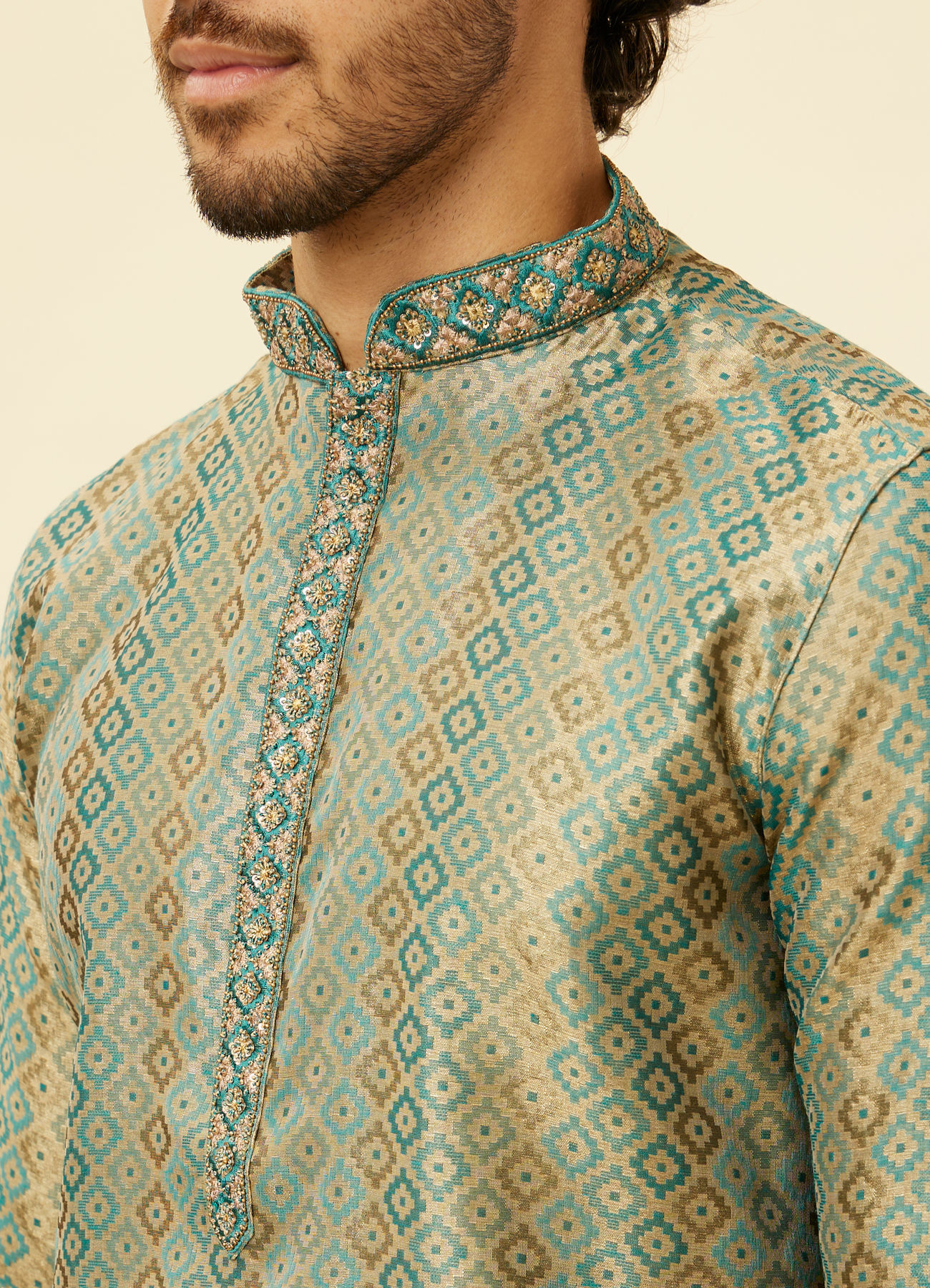 Manyavar Men Tropical Blue Diamond Patterned Kurta Set