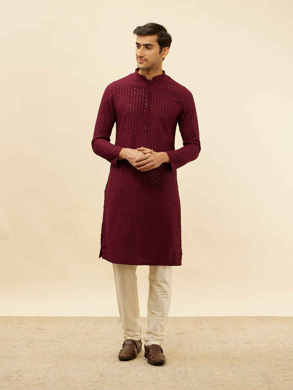 Manyavar Men Deep Maroon Chikankari Embroidered Sequinned Kurta Set