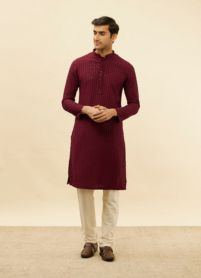 Manyavar Men Deep Maroon Chikankari Embroidered Sequinned Kurta Set