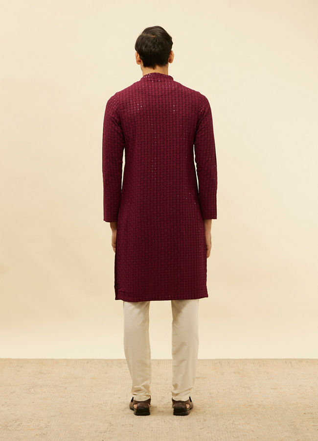 Manyavar Men Deep Maroon Chikankari Embroidered Sequinned Kurta Set