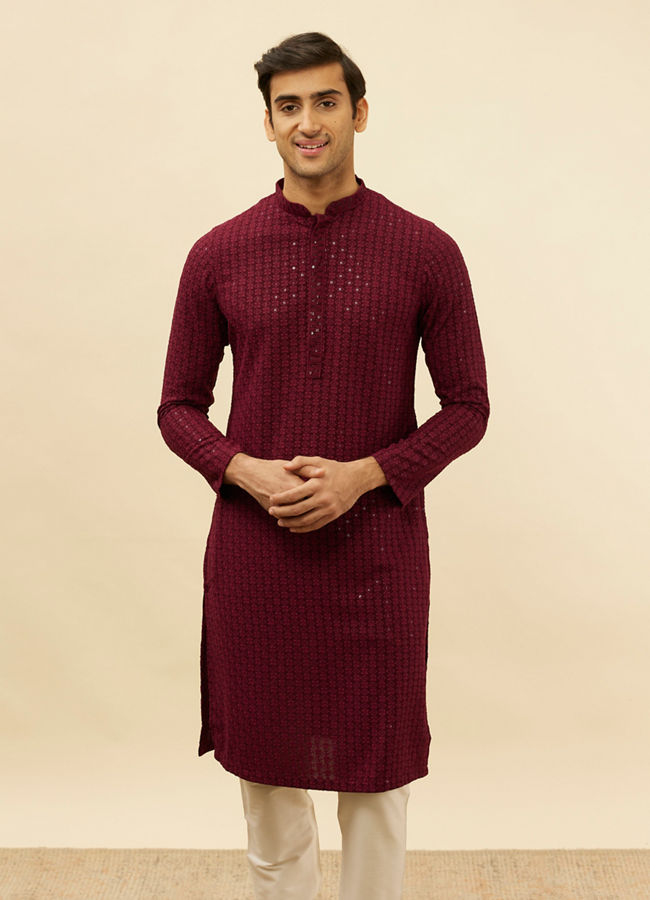 alt message - Manyavar Men Deep Maroon Chikankari Embroidered Sequinned Kurta Set image number 0