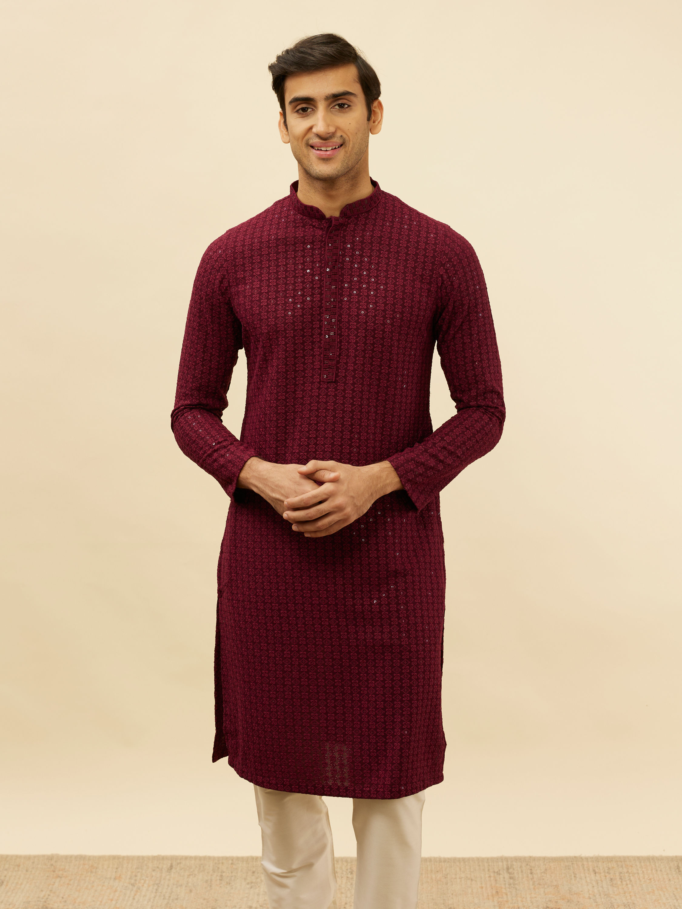 Manyavar Men Deep Maroon Chikankari Embroidered Sequinned Kurta Set