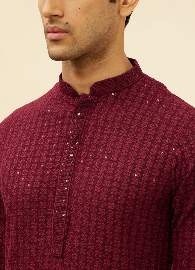 alt message - Manyavar Men Deep Maroon Chikankari Embroidered Sequinned Kurta Set image number 1