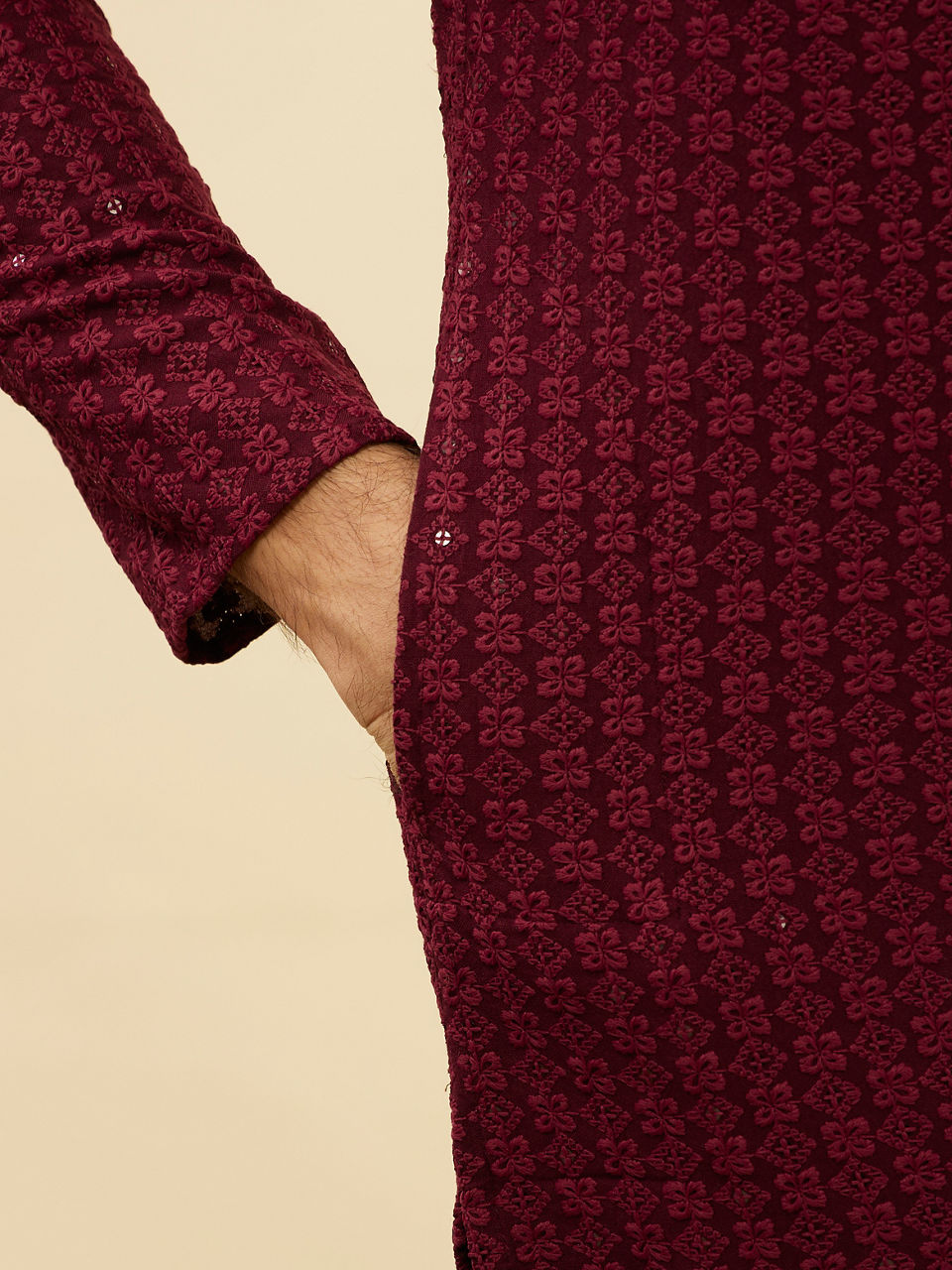 Manyavar Men Deep Maroon Chikankari Embroidered Sequinned Kurta Set