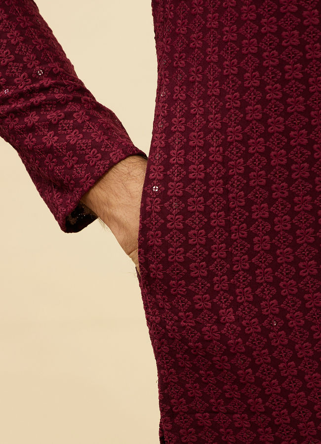Manyavar Men Deep Maroon Chikankari Embroidered Sequinned Kurta Set