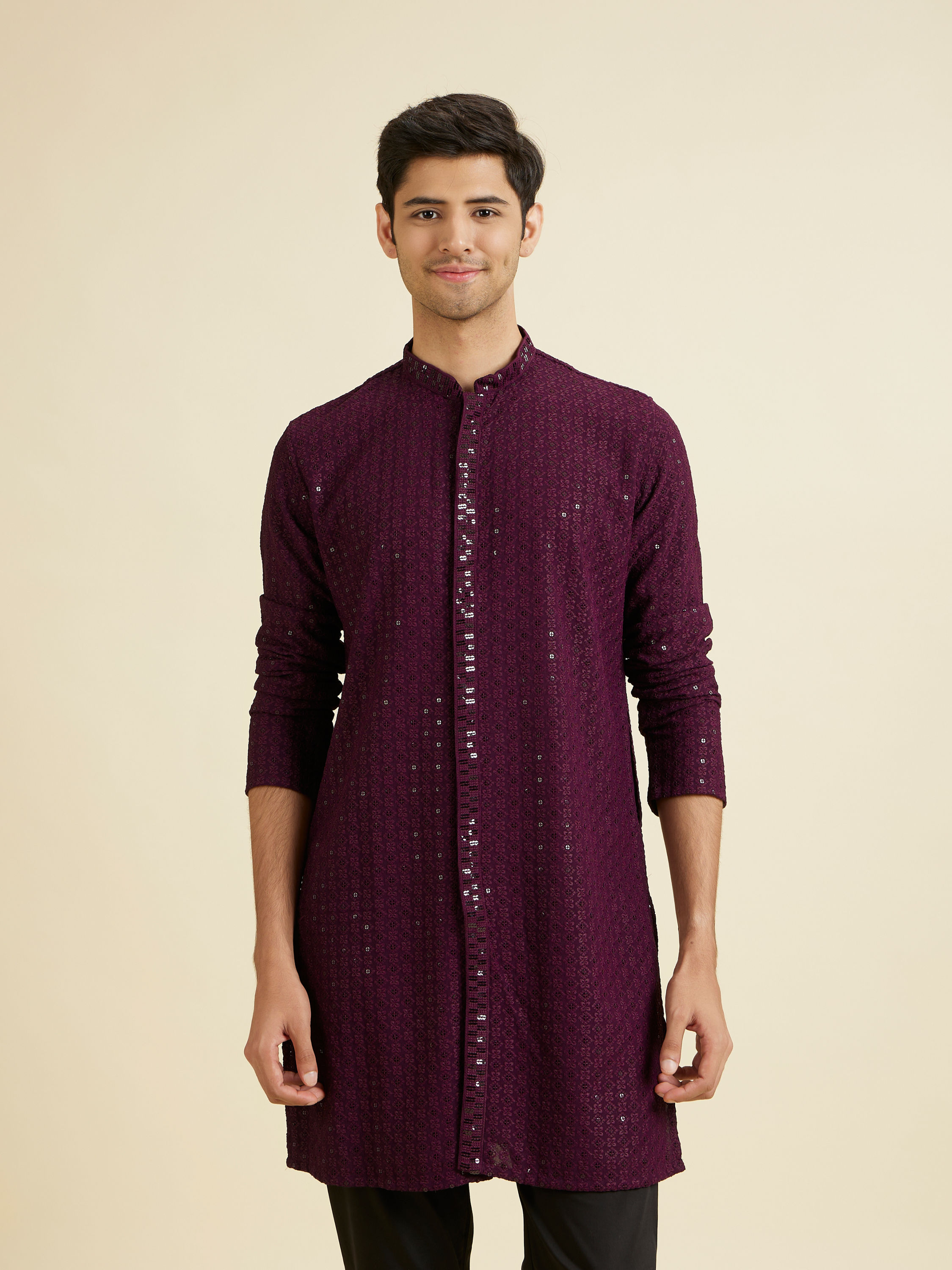 Manyavar Men Festive Purple Viscose Kurta Pajama