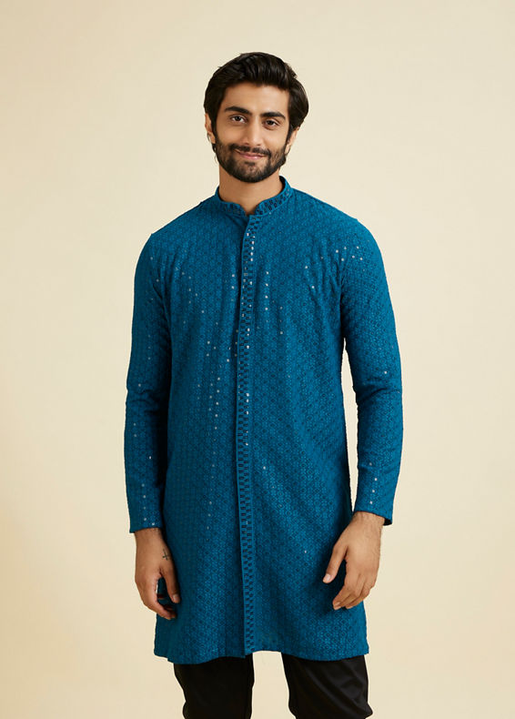 Manyavar Men Elegant Teal Blue Kurta Pyjama