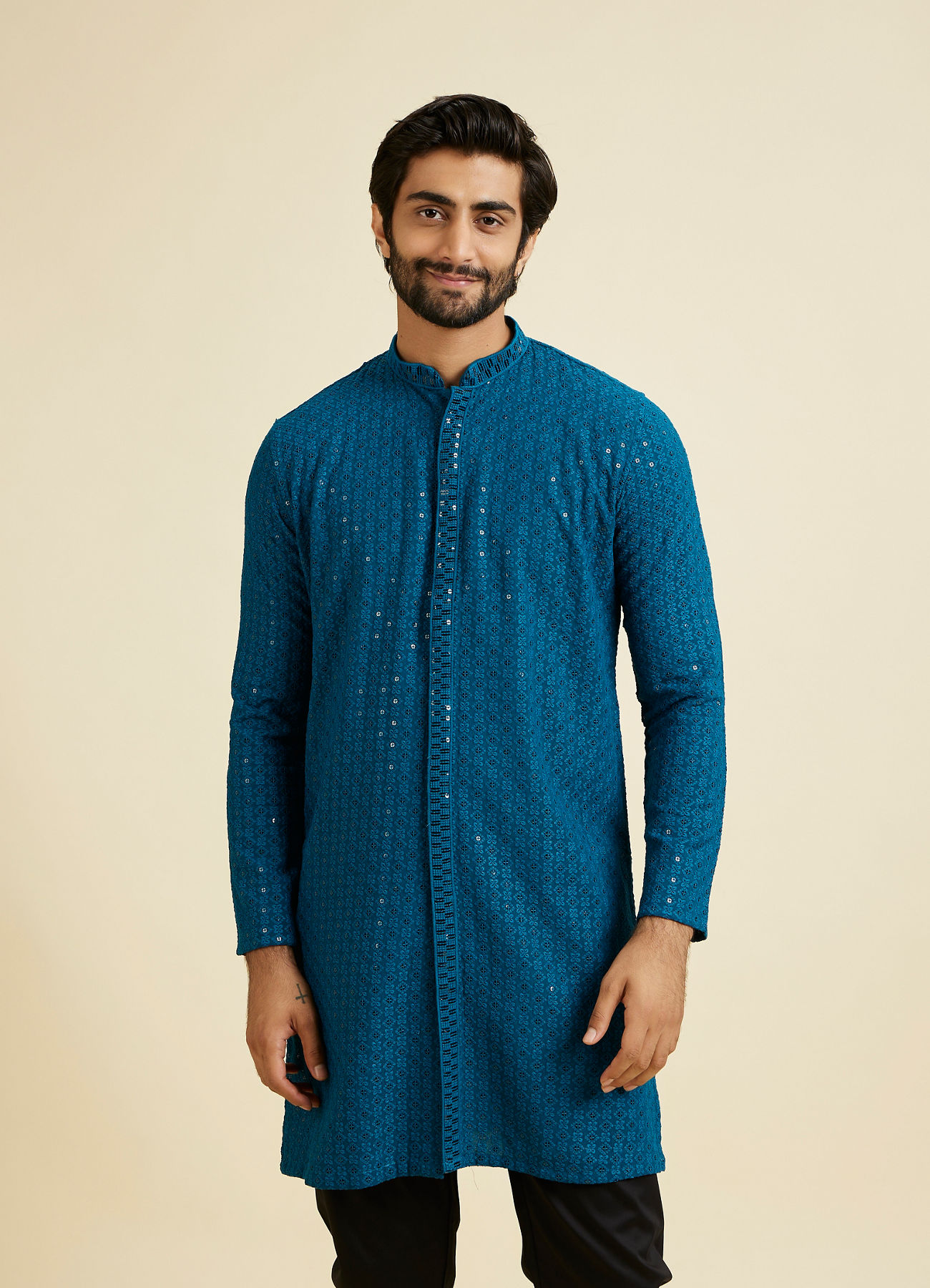Manyavar Men Elegant Teal Blue Kurta Pyjama