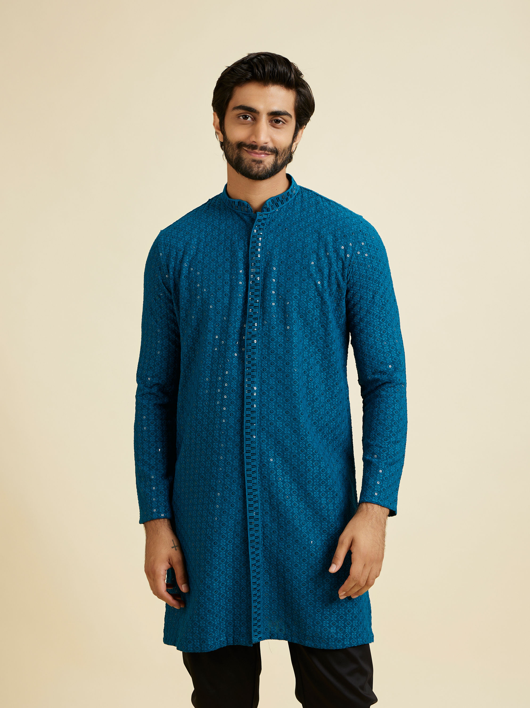 Manyavar Men Elegant Teal Blue Kurta Pyjama