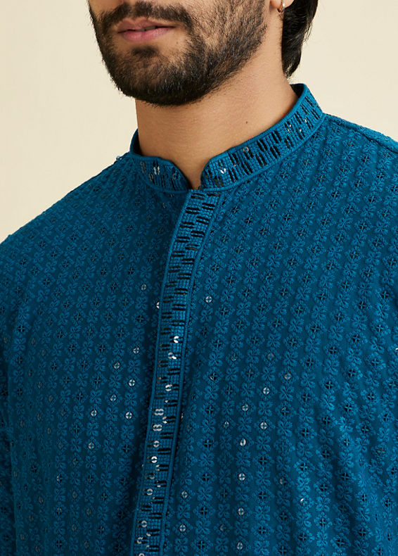 Manyavar Men Elegant Teal Blue Kurta Pyjama