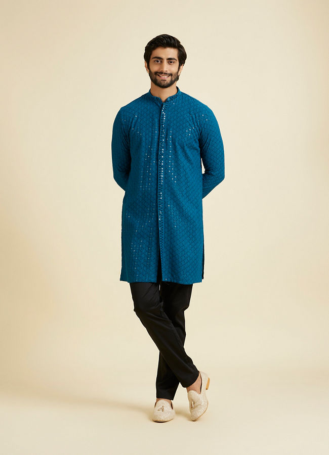 Manyavar Men Elegant Teal Blue Kurta Pyjama