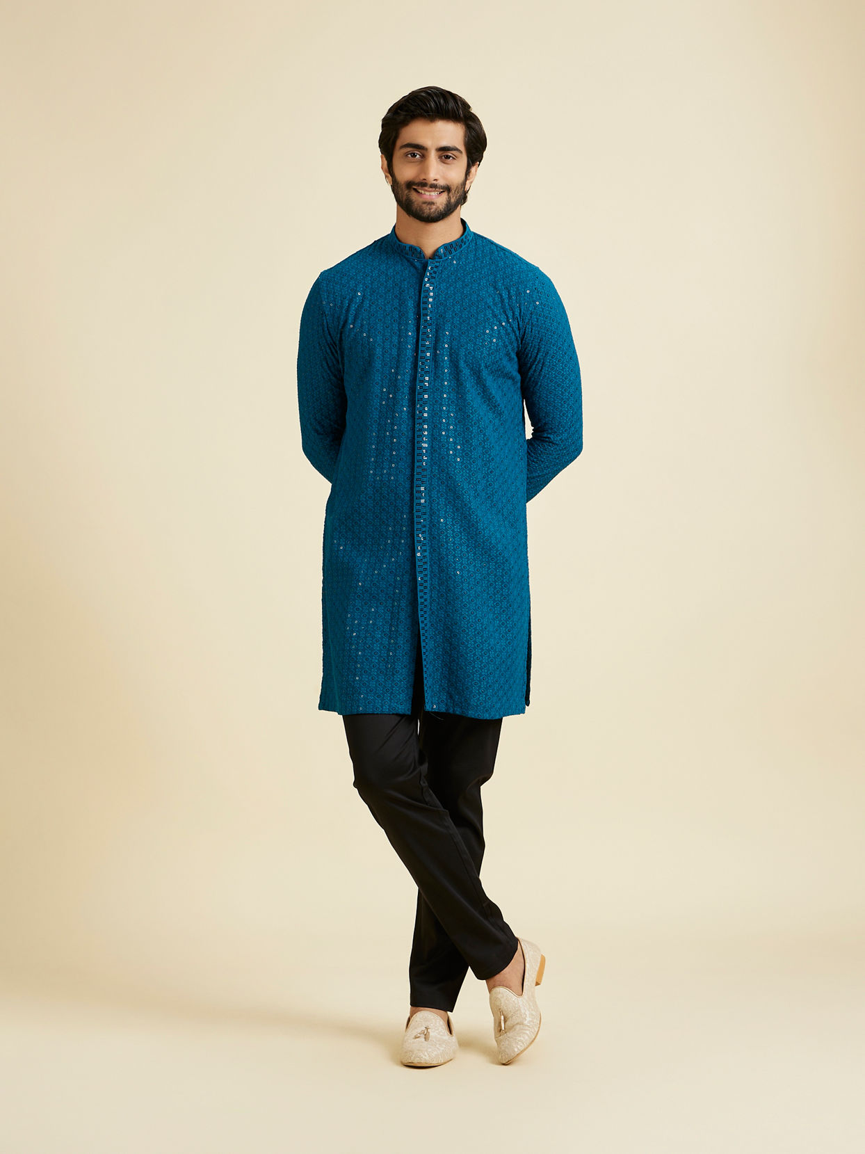 Manyavar Men Elegant Teal Blue Kurta Pyjama
