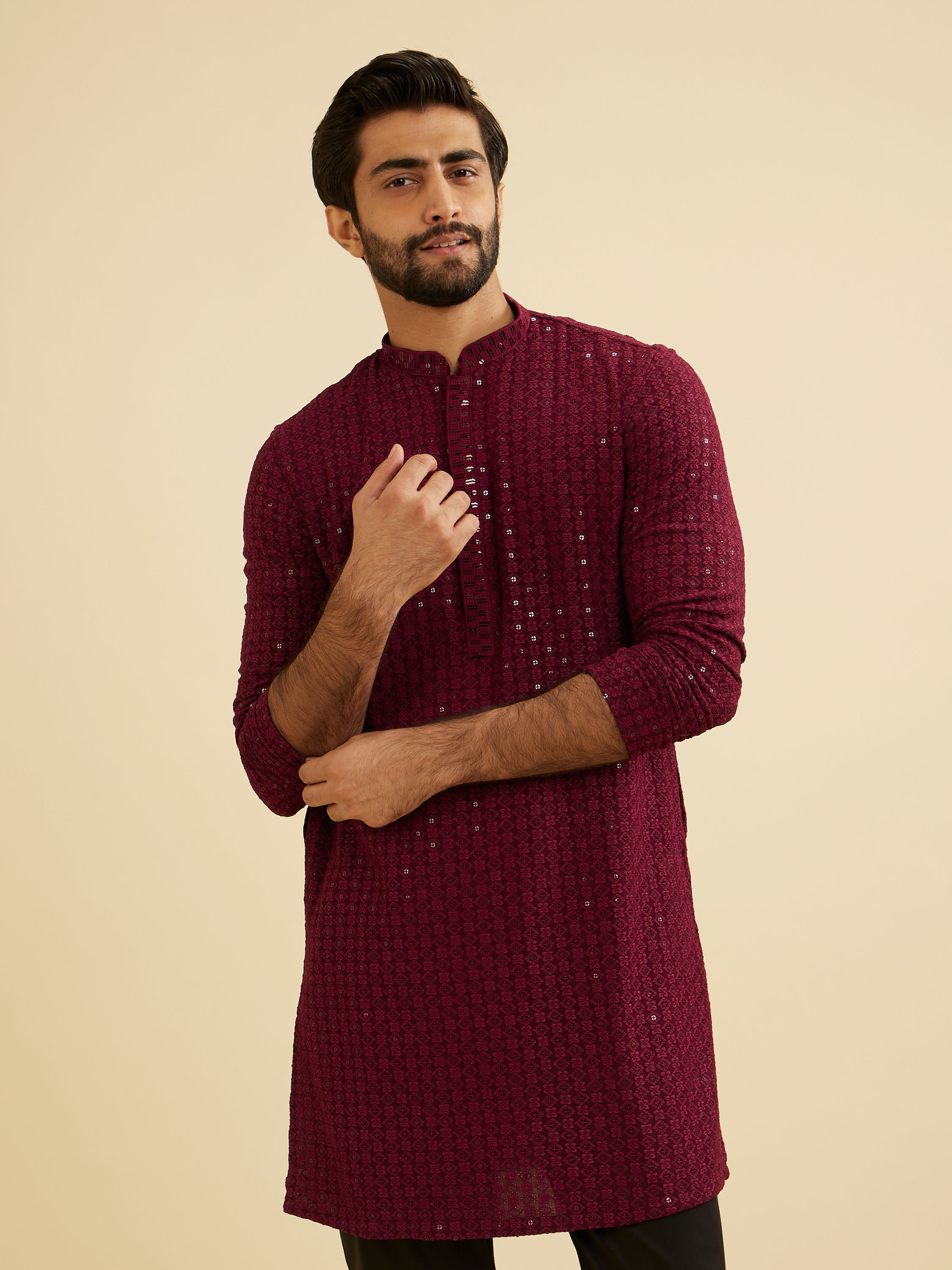 Manyavar Men Maroon Red Chikankari Sequinned Kurta Set