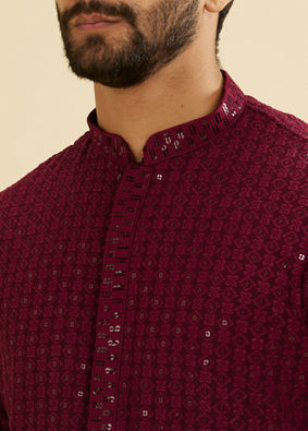 Manyavar Men Maroon Red Chikankari Sequinned Kurta Set image number 1