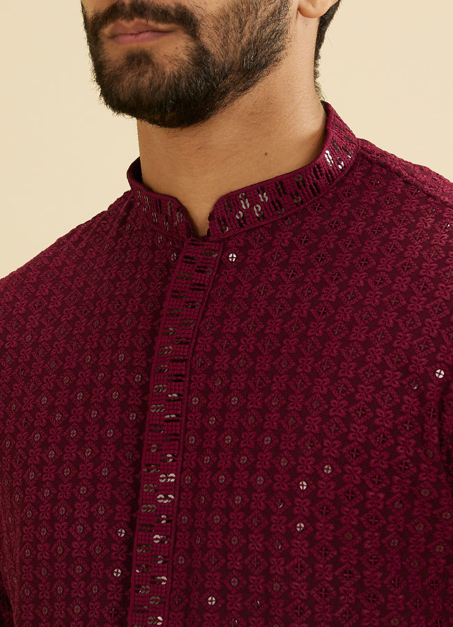 Manyavar Men Maroon Red Chikankari Sequinned Kurta Set image number 1