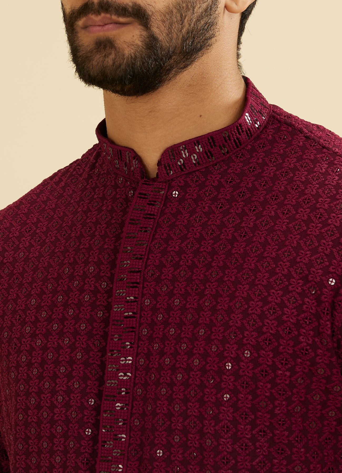 Manyavar Men Maroon Red Chikankari Sequinned Kurta Set