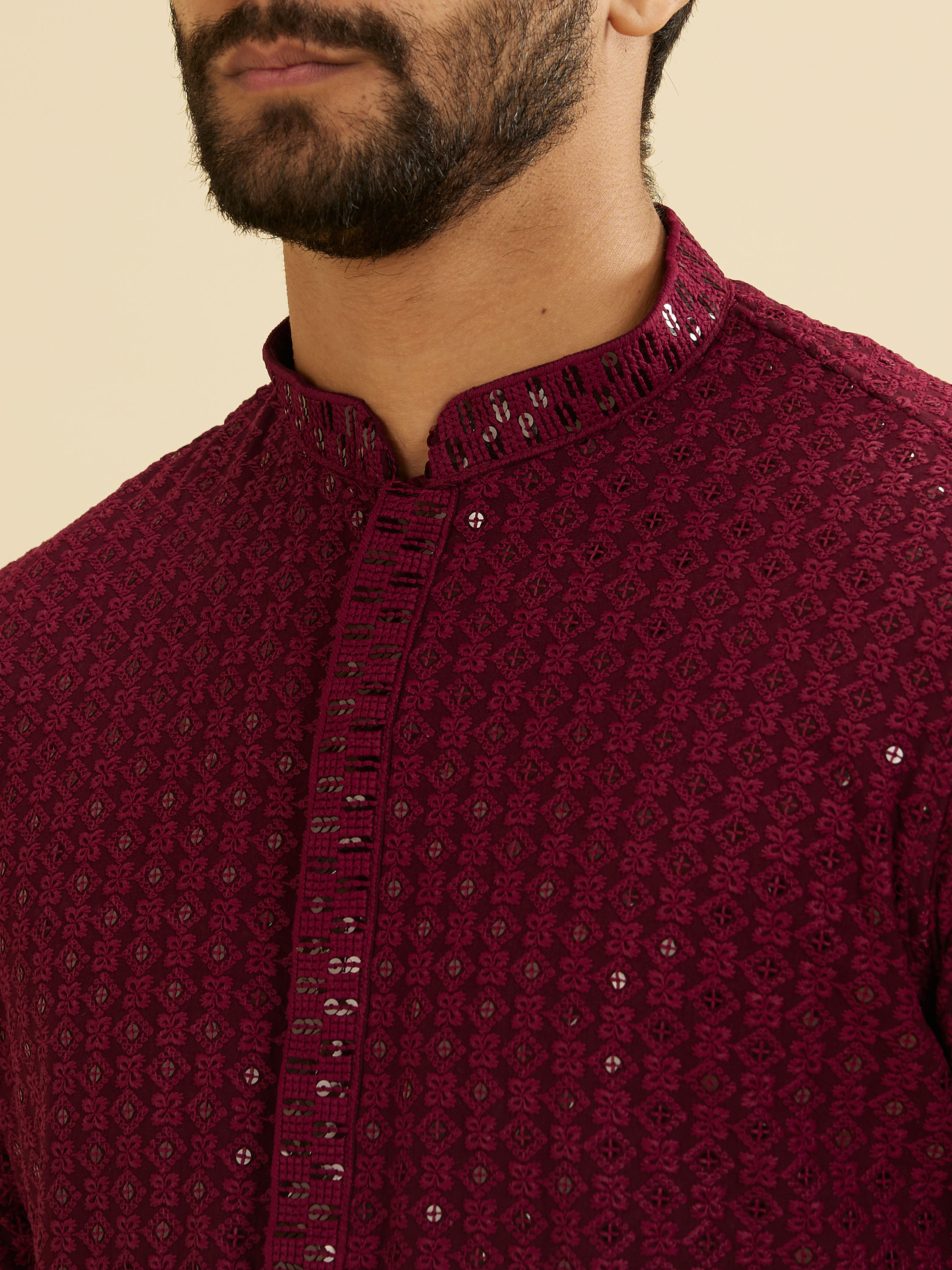 Manyavar Men Maroon Red Chikankari Sequinned Kurta Set