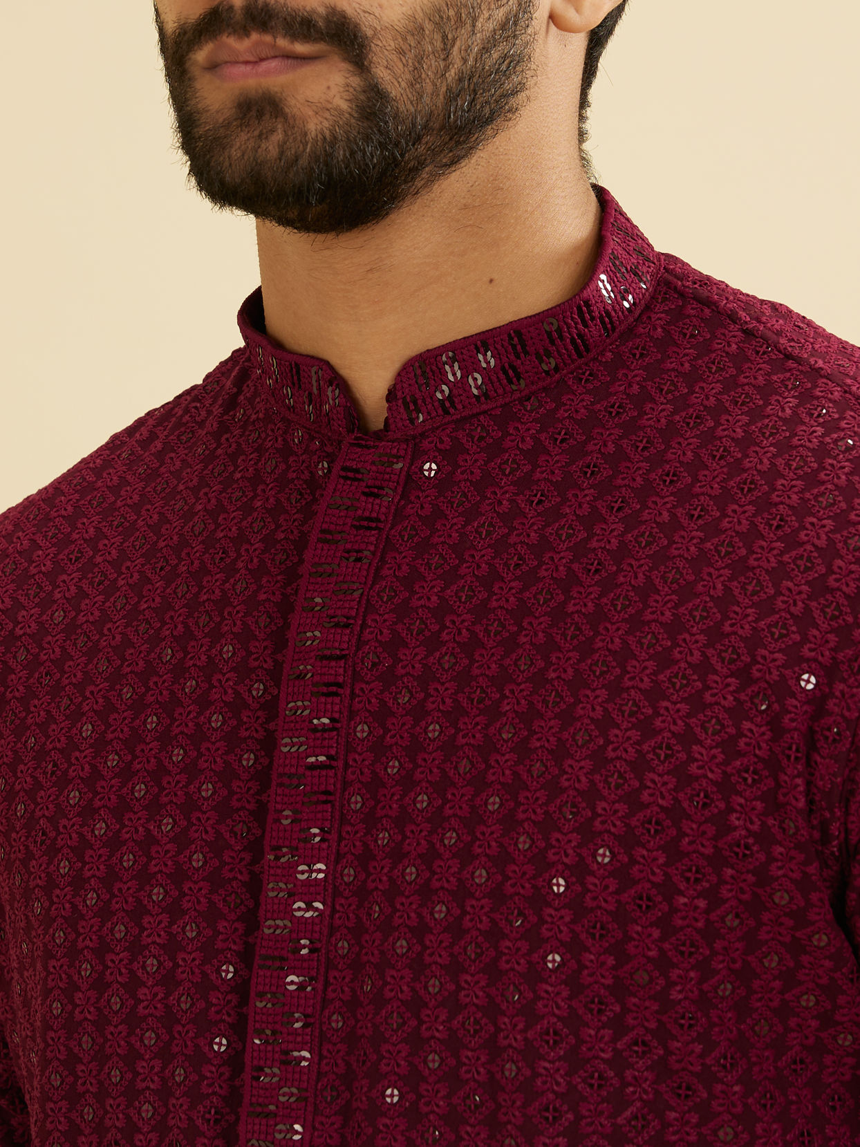 Manyavar Men Maroon Red Chikankari Sequinned Kurta Set image number 1