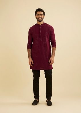 Manyavar Men Maroon Red Chikankari Sequinned Kurta Set image number 2