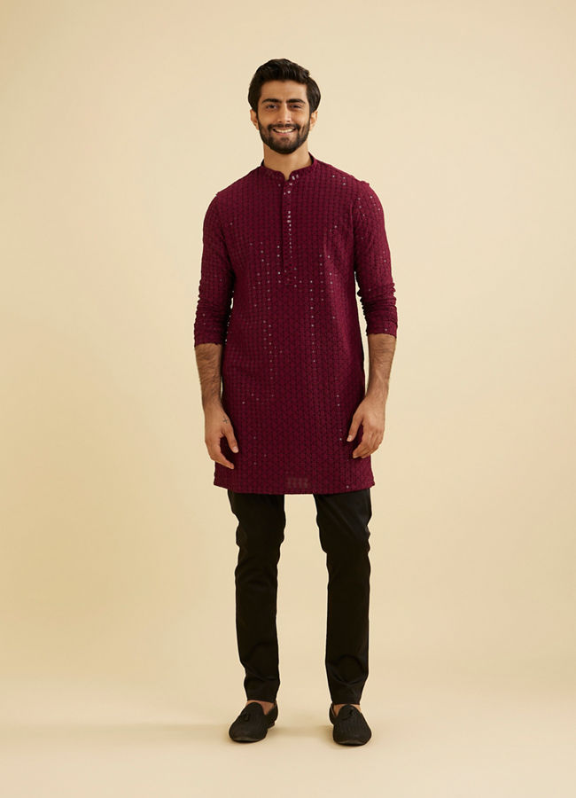Manyavar Men Maroon Red Chikankari Sequinned Kurta Set