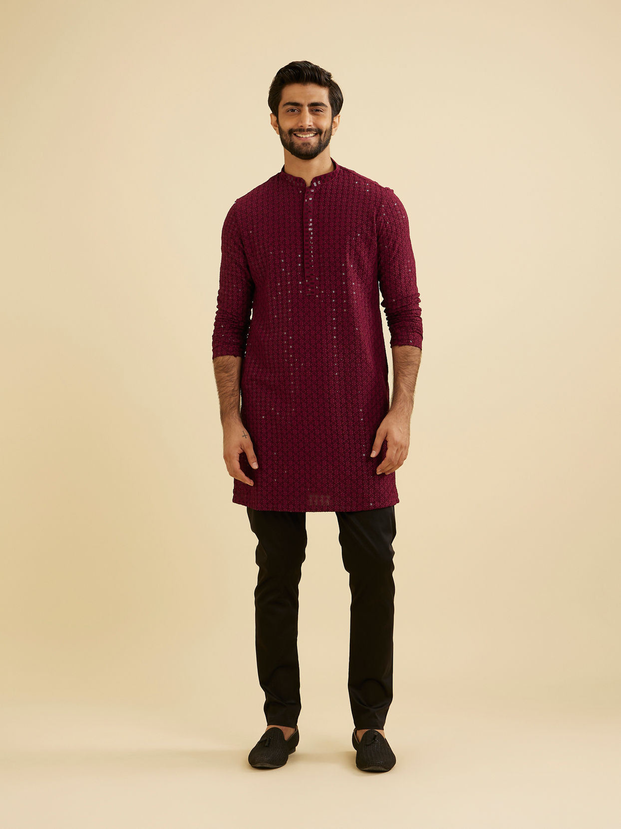 Manyavar Men Maroon Red Chikankari Sequinned Kurta Set image number 2