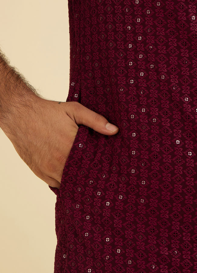 Manyavar Men Maroon Red Chikankari Sequinned Kurta Set