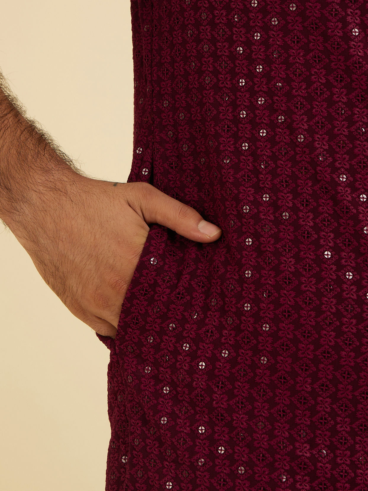 Manyavar Men Maroon Red Chikankari Sequinned Kurta Set