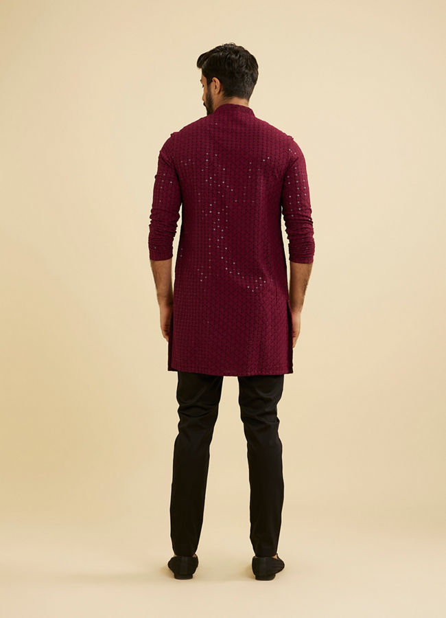 Manyavar Men Maroon Red Chikankari Sequinned Kurta Set image number 4