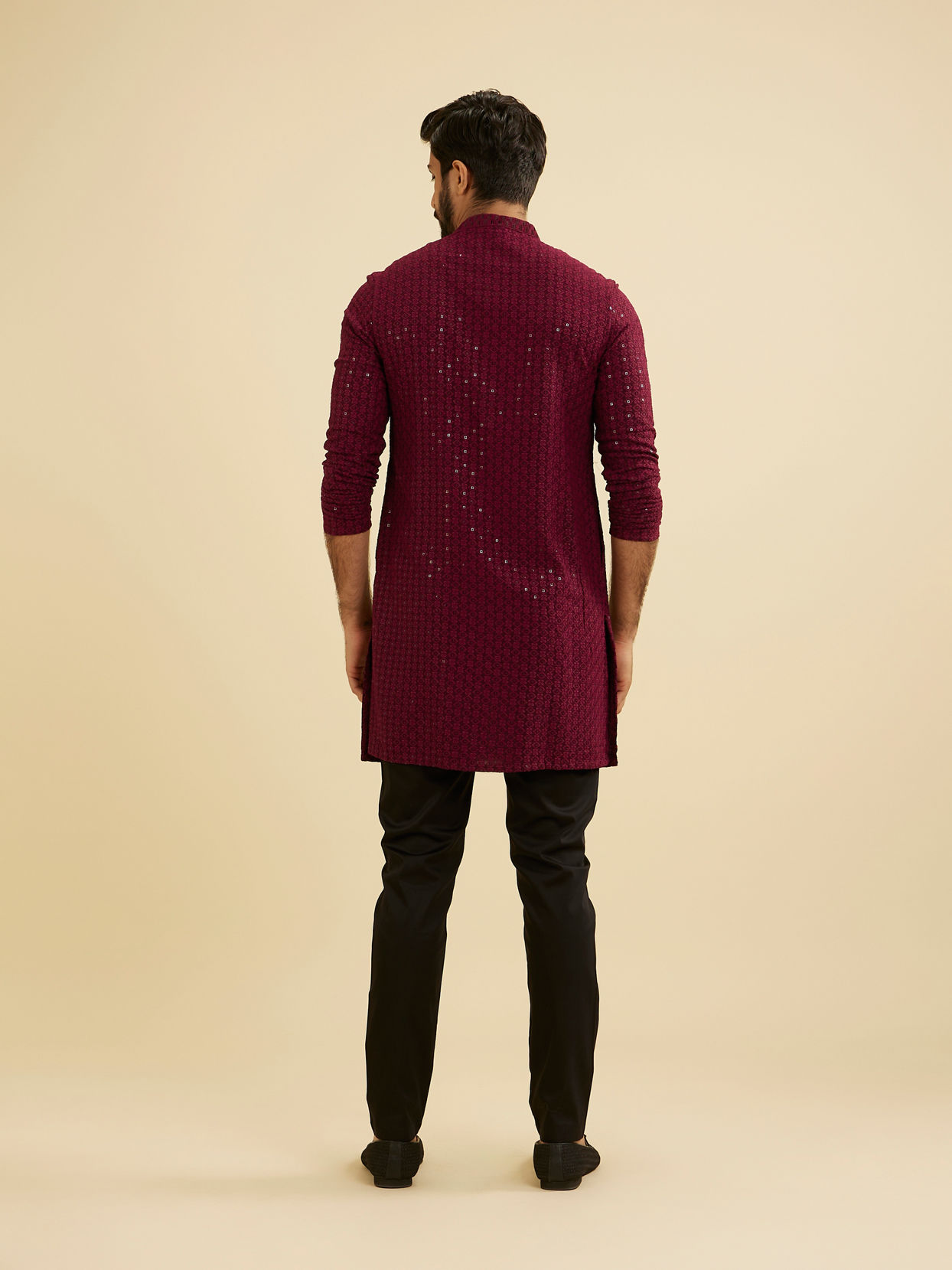 Manyavar Men Maroon Red Chikankari Sequinned Kurta Set image number 4