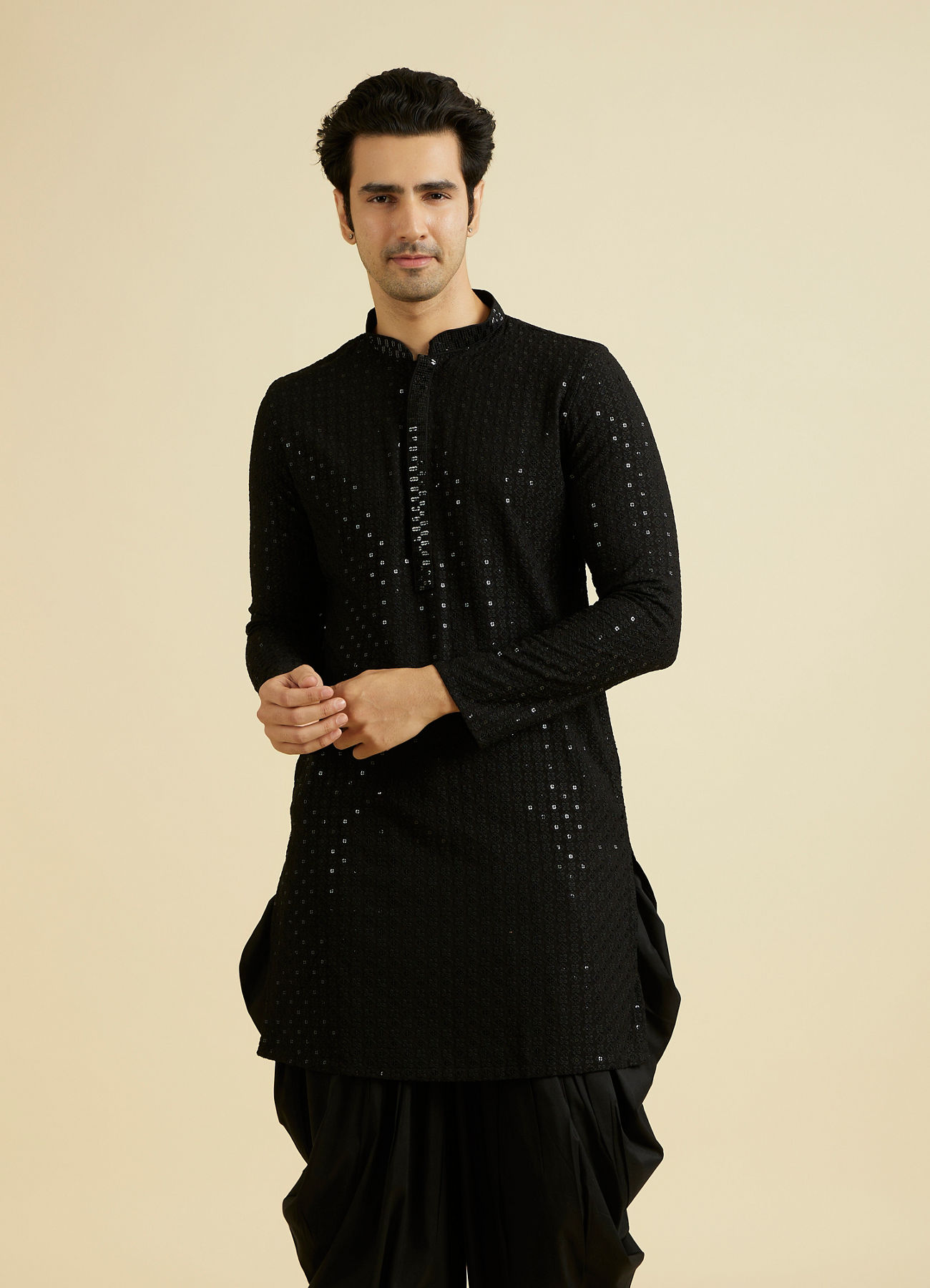 Manyavar Men Elegant Black Viscose Kurta Pajama