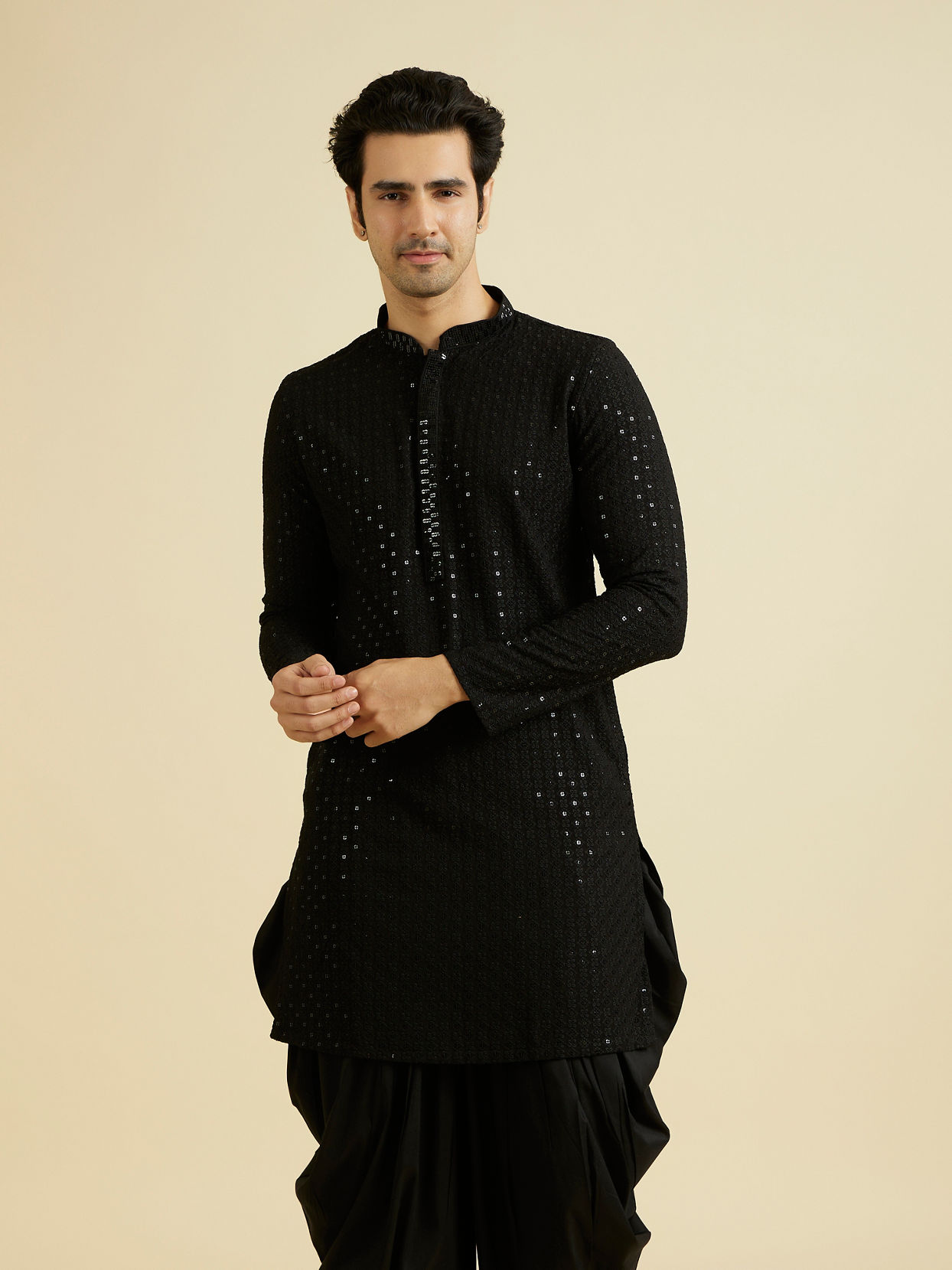 Manyavar Men Elegant Black Viscose Kurta Patiala