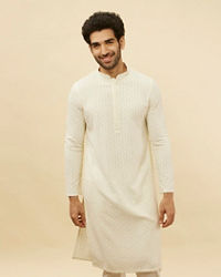 Manyavar Men Soft Cream Chikankari Sequinned Kurta Set