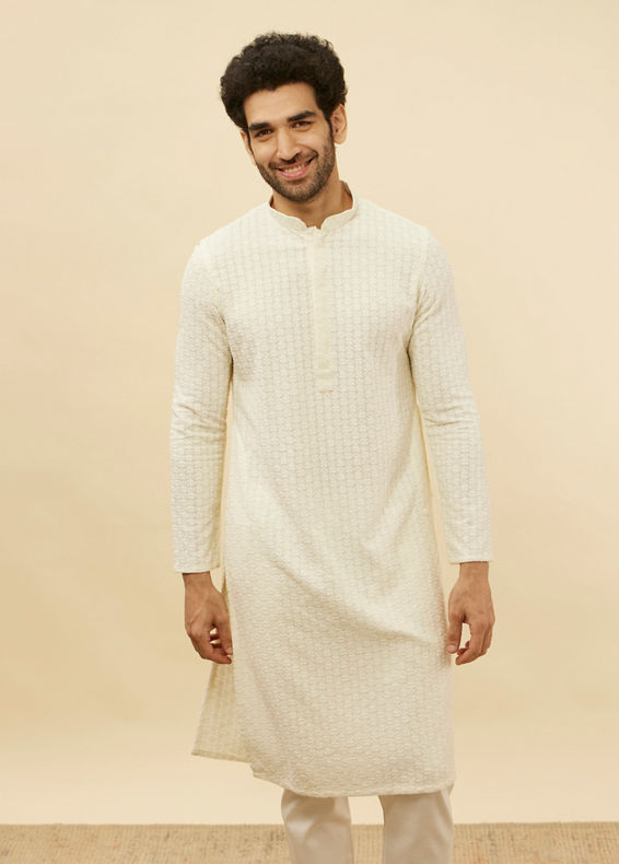 Manyavar Men Soft Cream Chikankari Sequinned Kurta Set