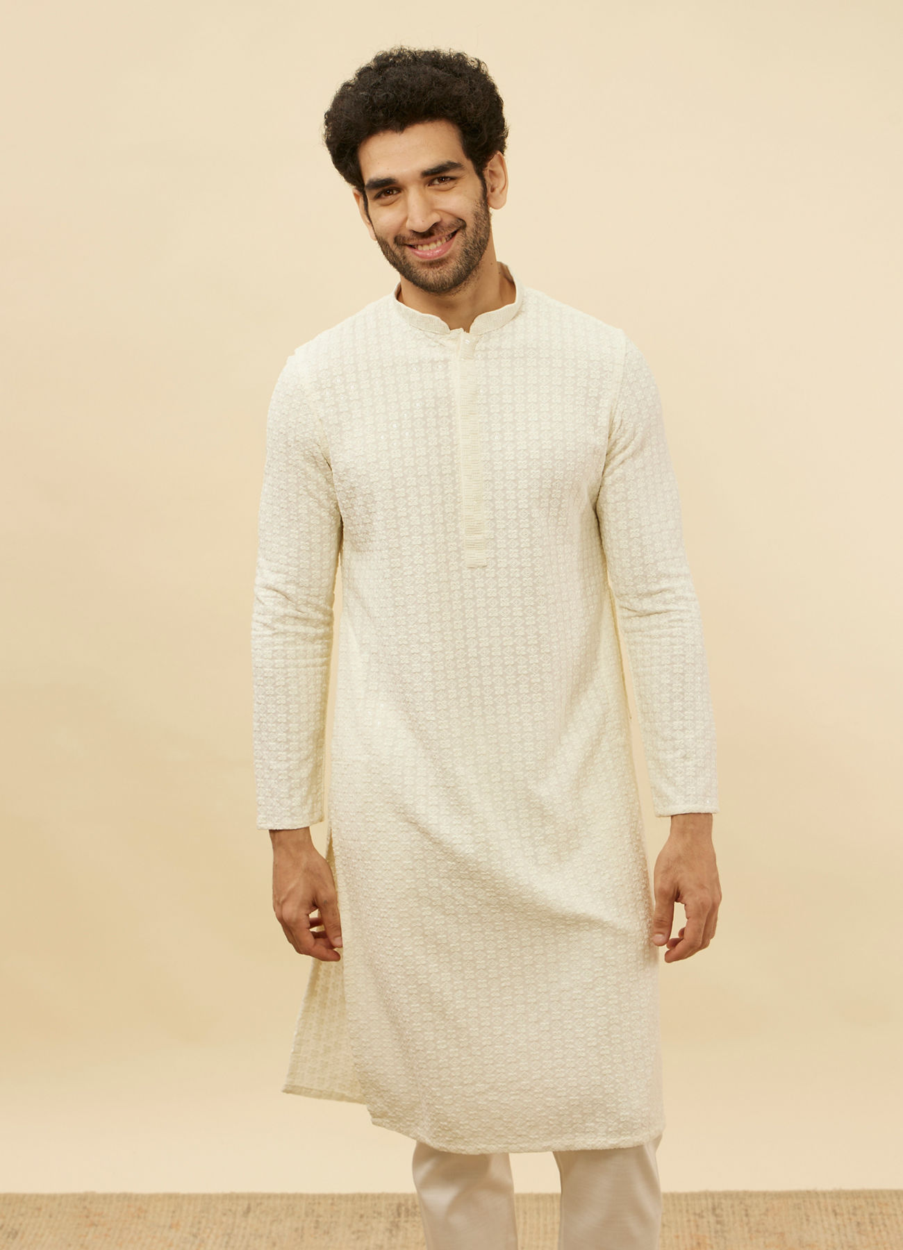 Manyavar Men Soft Cream Chikankari Sequinned Kurta Set