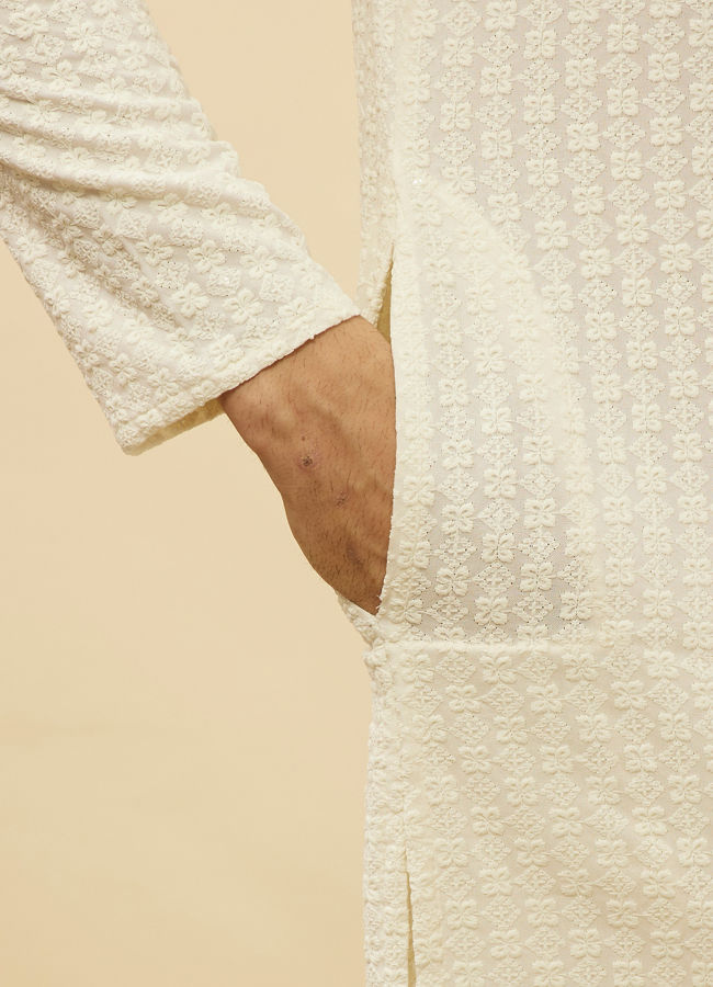 Manyavar Men Soft Cream Chikankari Sequinned Kurta Set